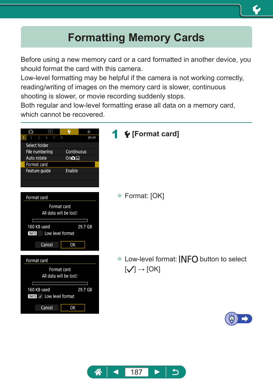 Formatting memory cards | Canon PowerShot SX70 HS Digital Camera User Manual | Page 187 / 289