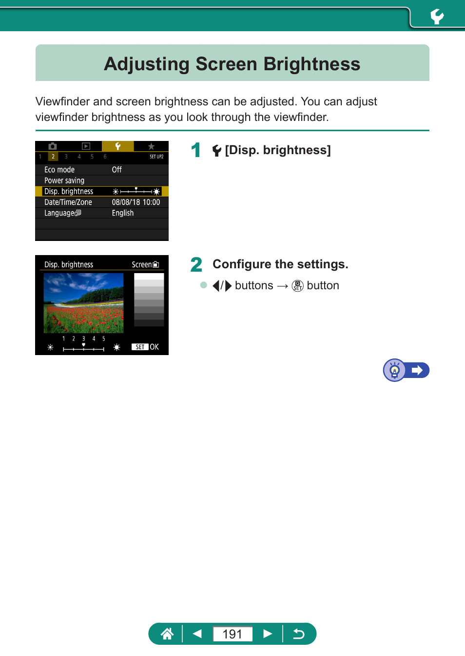 Adjusting screen brightness | Canon PowerShot SX70 HS Digital Camera User Manual | Page 191 / 289