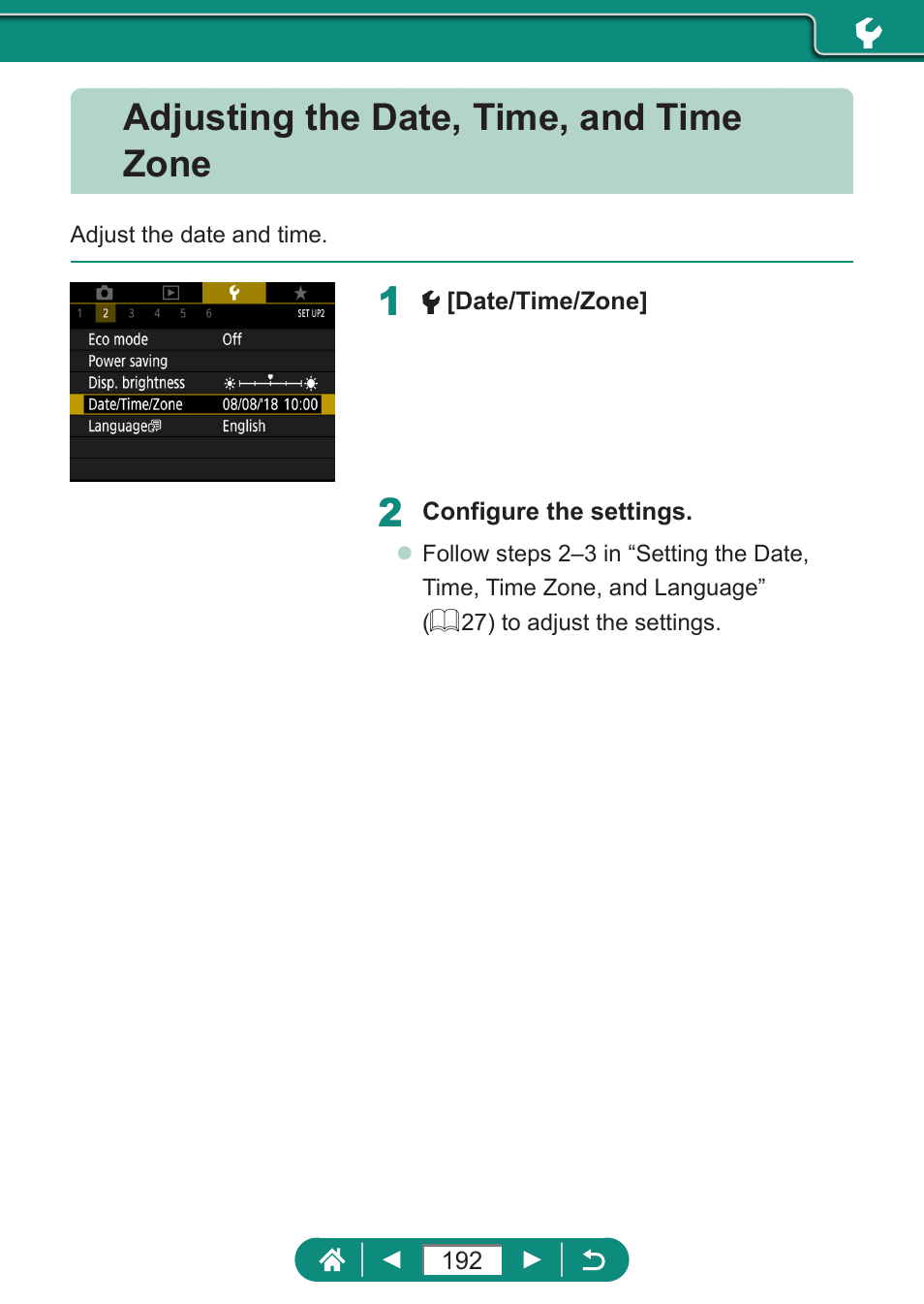 Adjusting the date, time, and time zone | Canon PowerShot SX70 HS Digital Camera User Manual | Page 192 / 289