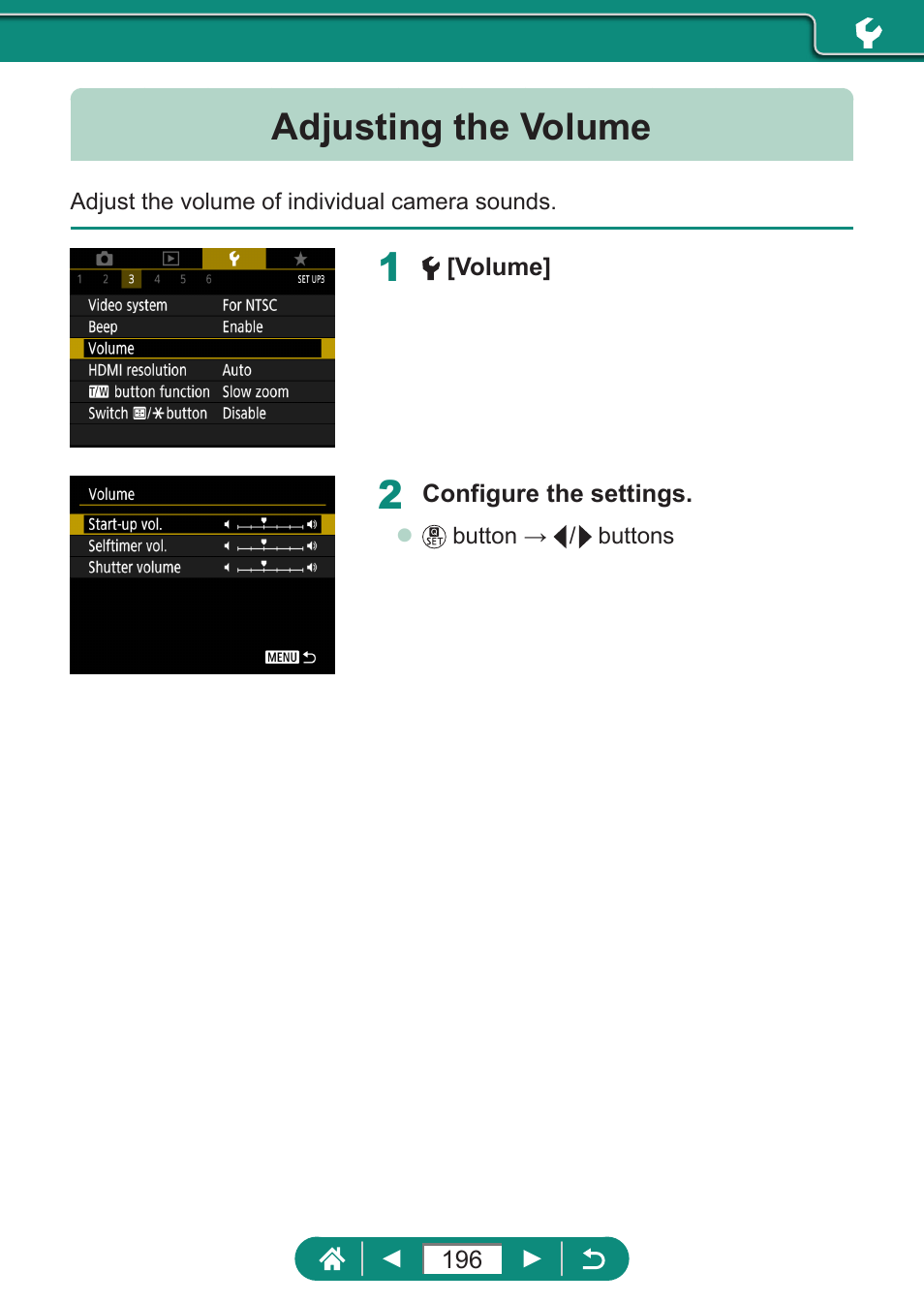 Adjusting the volume | Canon PowerShot SX70 HS Digital Camera User Manual | Page 196 / 289