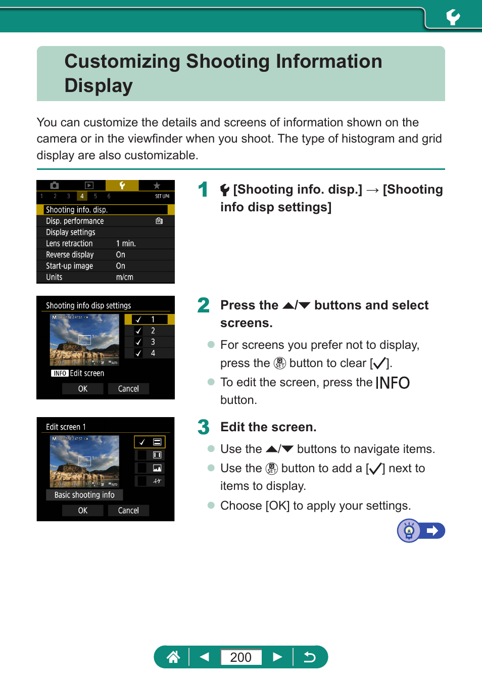 Customizing shooting information display | Canon PowerShot SX70 HS Digital Camera User Manual | Page 200 / 289