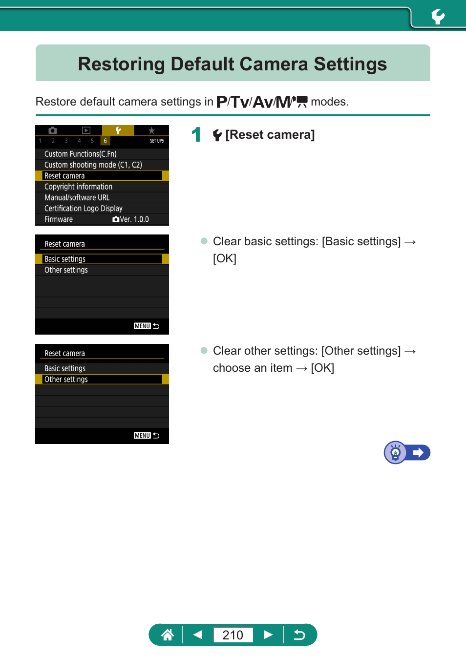 Restoring default camera settings | Canon PowerShot SX70 HS Digital Camera User Manual | Page 210 / 289