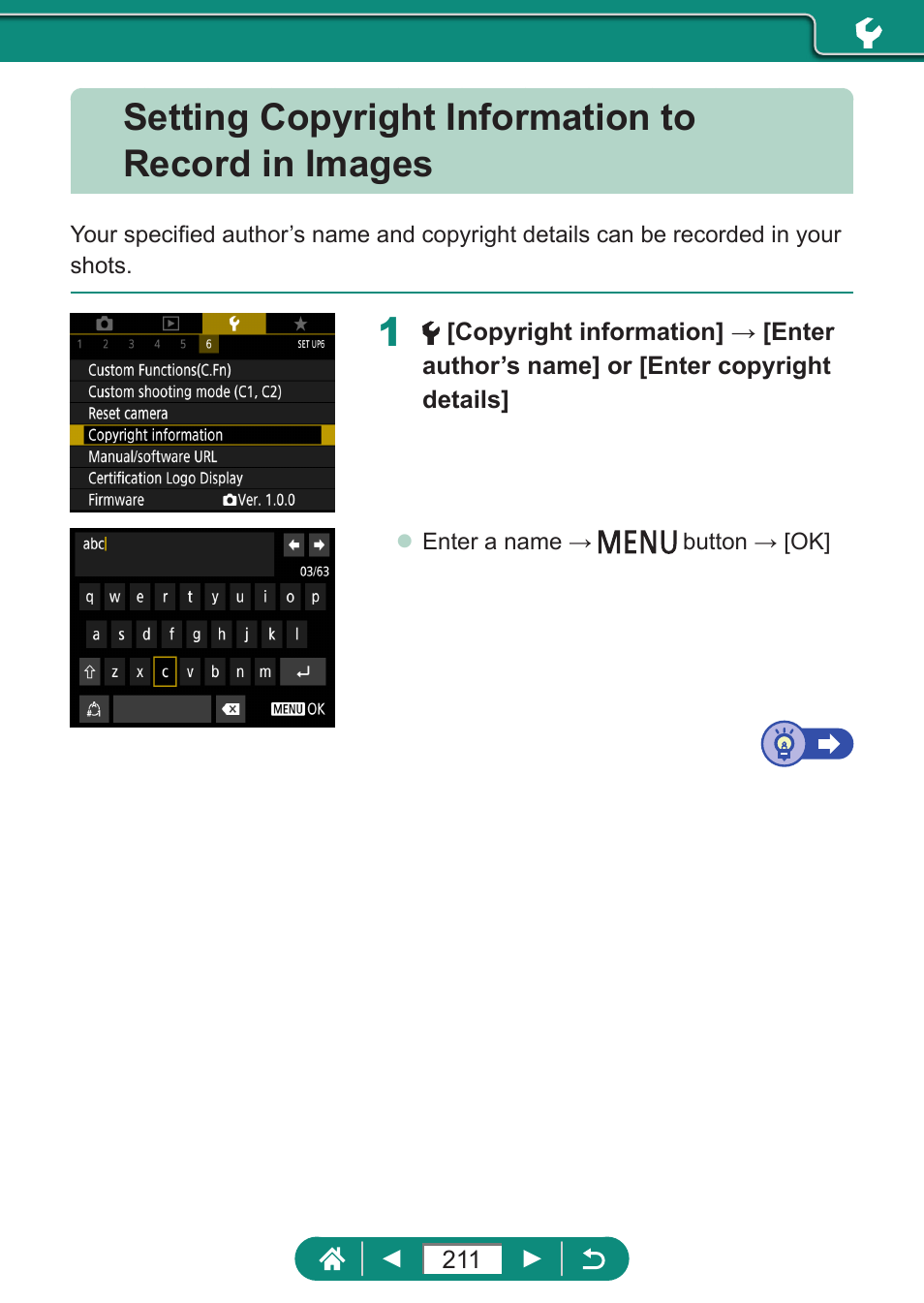 Setting copyright information to record in images | Canon PowerShot SX70 HS Digital Camera User Manual | Page 211 / 289