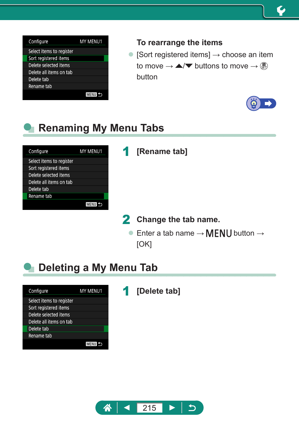 Renaming my menu tabs deleting a my menu tab, Renaming my menu tabs, Deleting a my menu tab | Canon PowerShot SX70 HS Digital Camera User Manual | Page 215 / 289