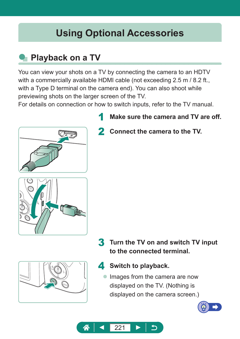 Using optional accessories, Playback on a tv | Canon PowerShot SX70 HS Digital Camera User Manual | Page 221 / 289