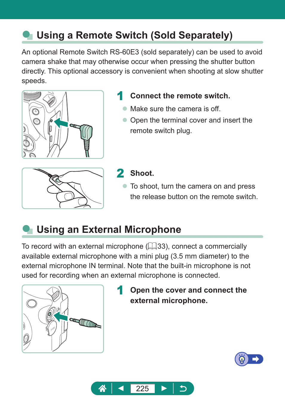 Using a remote switch (sold separately), Using an external microphone | Canon PowerShot SX70 HS Digital Camera User Manual | Page 225 / 289