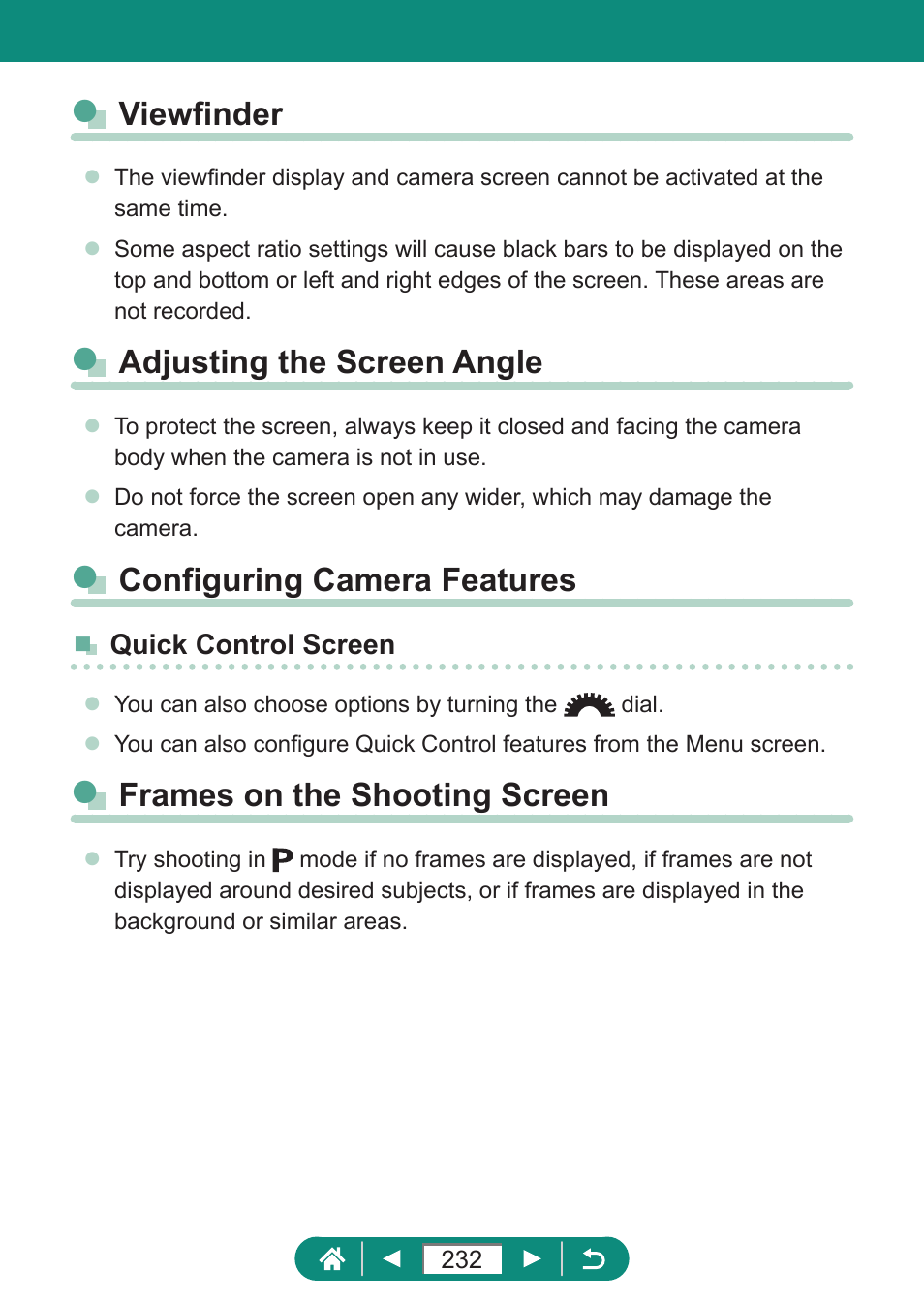 Viewfinder, Adjusting the screen angle, Configuring camera features | Frames on the shooting screen | Canon PowerShot SX70 HS Digital Camera User Manual | Page 232 / 289