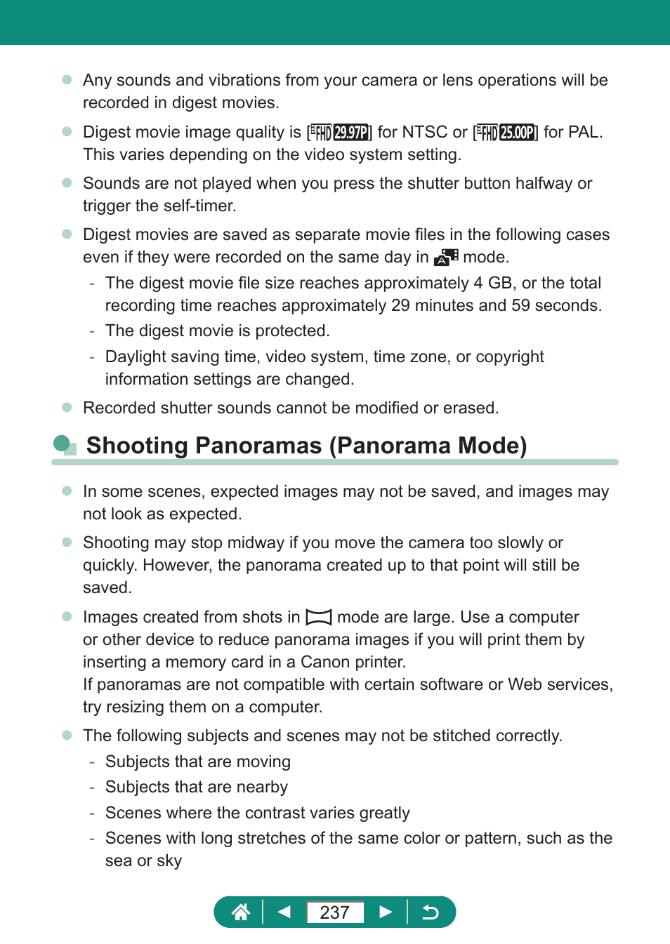 Shooting panoramas (panorama mode) | Canon PowerShot SX70 HS Digital Camera User Manual | Page 237 / 289