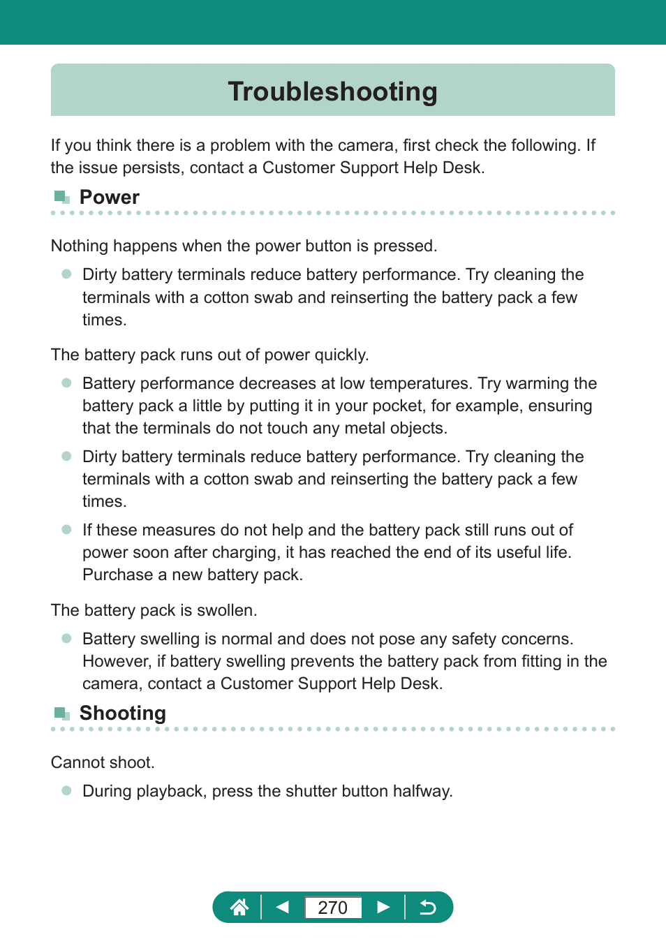 Troubleshooting, Power, Shooting | Canon PowerShot SX70 HS Digital Camera User Manual | Page 270 / 289