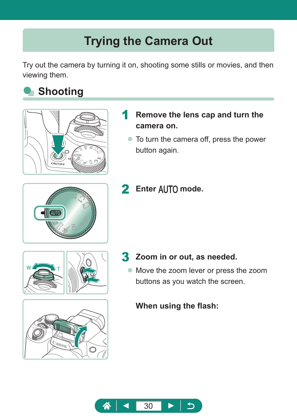 Trying the camera out, Shooting | Canon PowerShot SX70 HS Digital Camera User Manual | Page 30 / 289