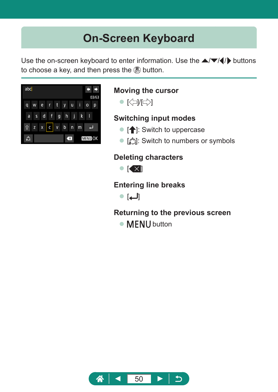 On-screen keyboard | Canon PowerShot SX70 HS Digital Camera User Manual | Page 50 / 289