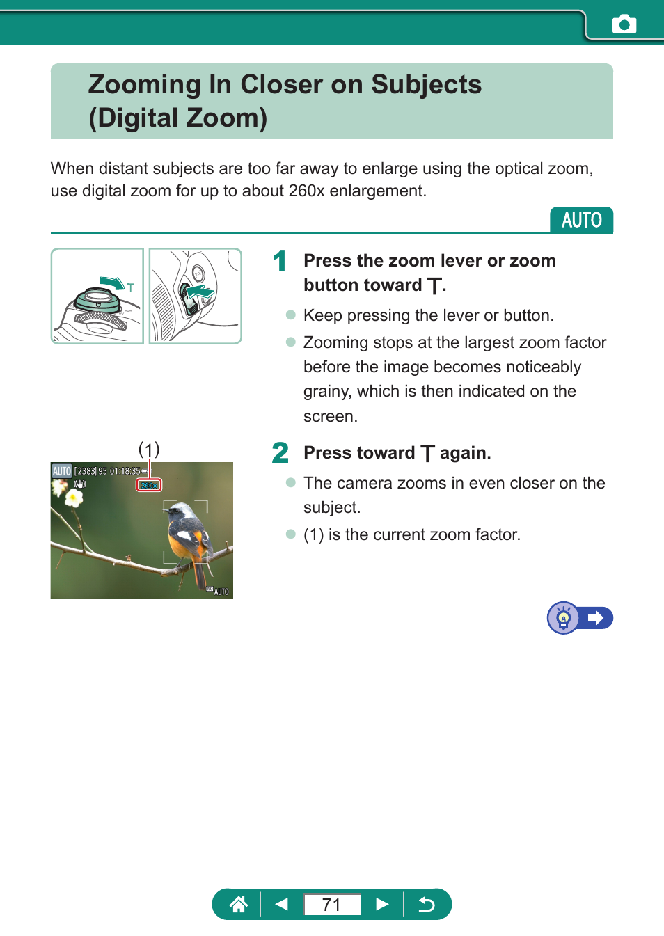 Zooming in closer on subjects (digital zoom) | Canon PowerShot SX70 HS Digital Camera User Manual | Page 71 / 289
