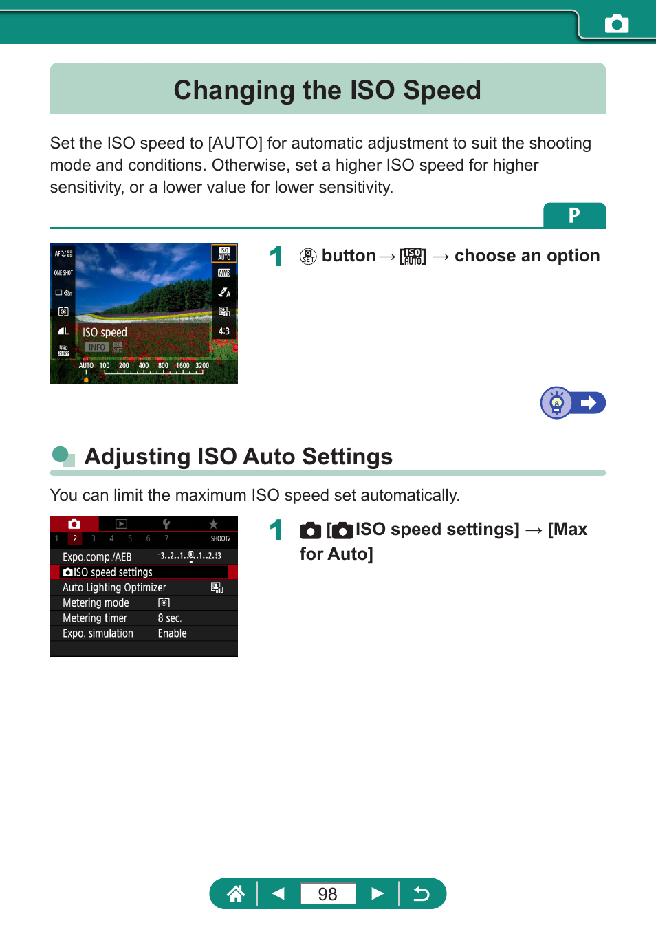 Changing the iso speed, Adjusting iso auto settings | Canon PowerShot SX70 HS Digital Camera User Manual | Page 98 / 289