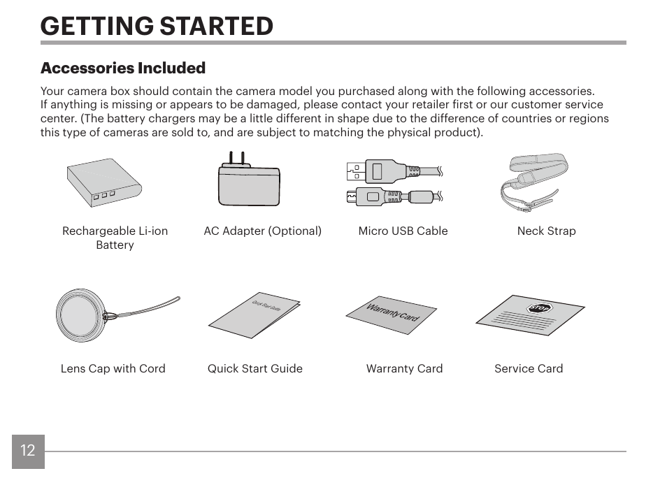 Getting started, Accessories included | Kodak PIXPRO AZ425 Digital Camera (Black) User Manual | Page 13 / 94