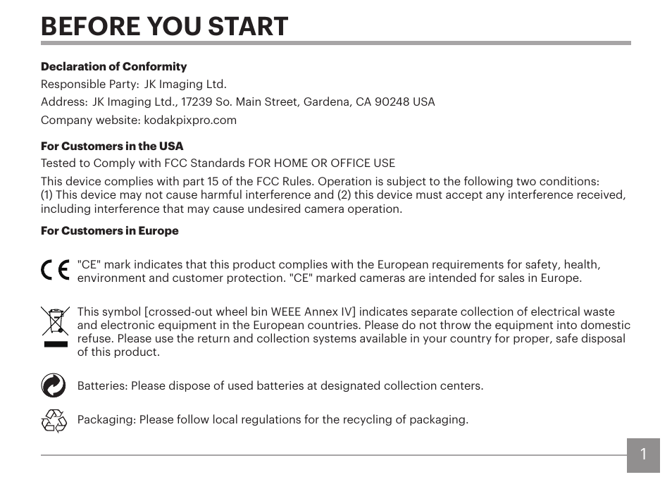 Before you start | Kodak PIXPRO AZ425 Digital Camera (Black) User Manual | Page 2 / 94