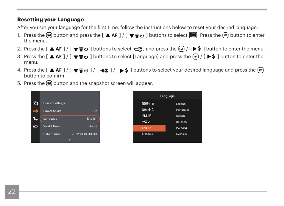 Resetting your language | Kodak PIXPRO AZ425 Digital Camera (Black) User Manual | Page 23 / 94