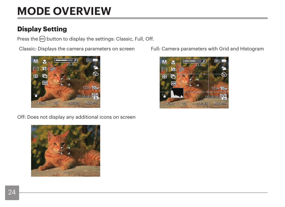 Mode overview, 24 display setting | Kodak PIXPRO AZ425 Digital Camera (Black) User Manual | Page 25 / 94