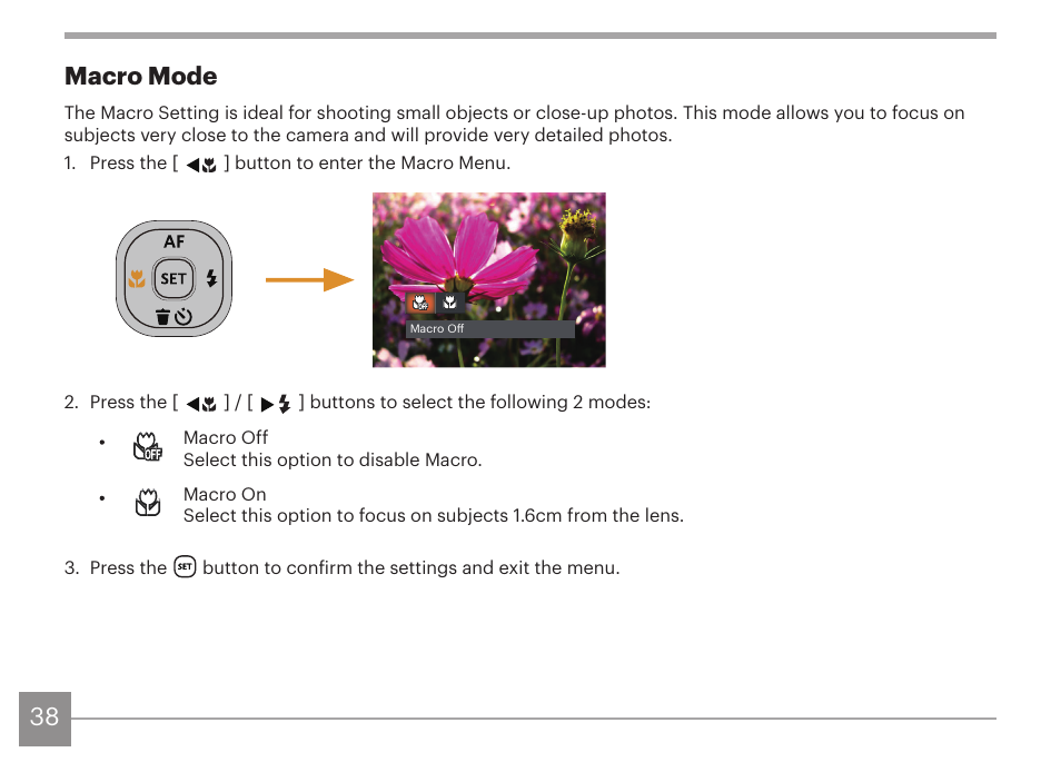 38 macro mode | Kodak PIXPRO AZ425 Digital Camera (Black) User Manual | Page 39 / 94