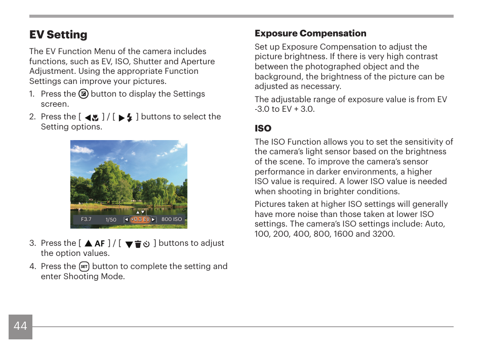 44 ev setting | Kodak PIXPRO AZ425 Digital Camera (Black) User Manual | Page 45 / 94