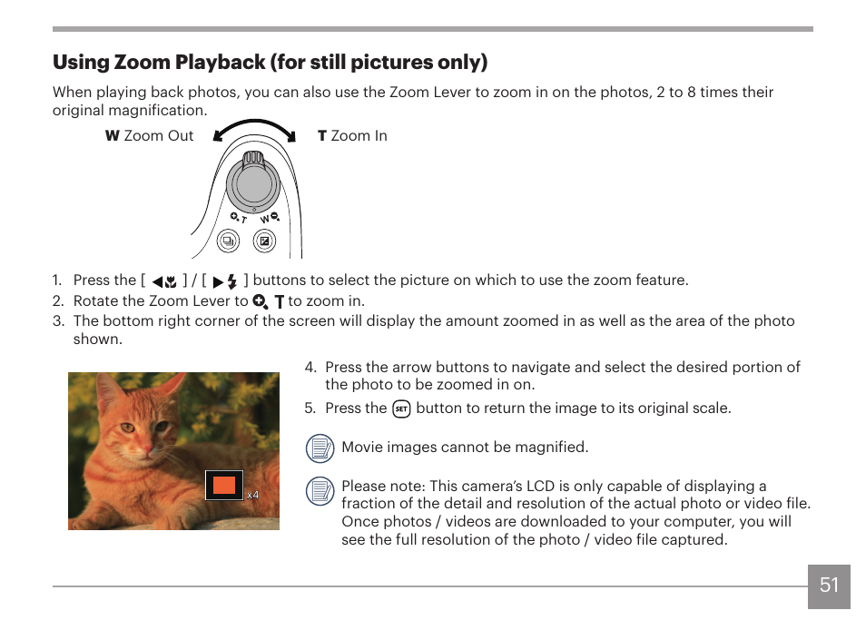 51 using zoom playback (for still pictures only) | Kodak PIXPRO AZ425 Digital Camera (Black) User Manual | Page 52 / 94
