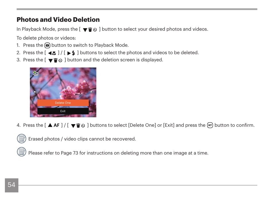 54 photos and video deletion | Kodak PIXPRO AZ425 Digital Camera (Black) User Manual | Page 55 / 94