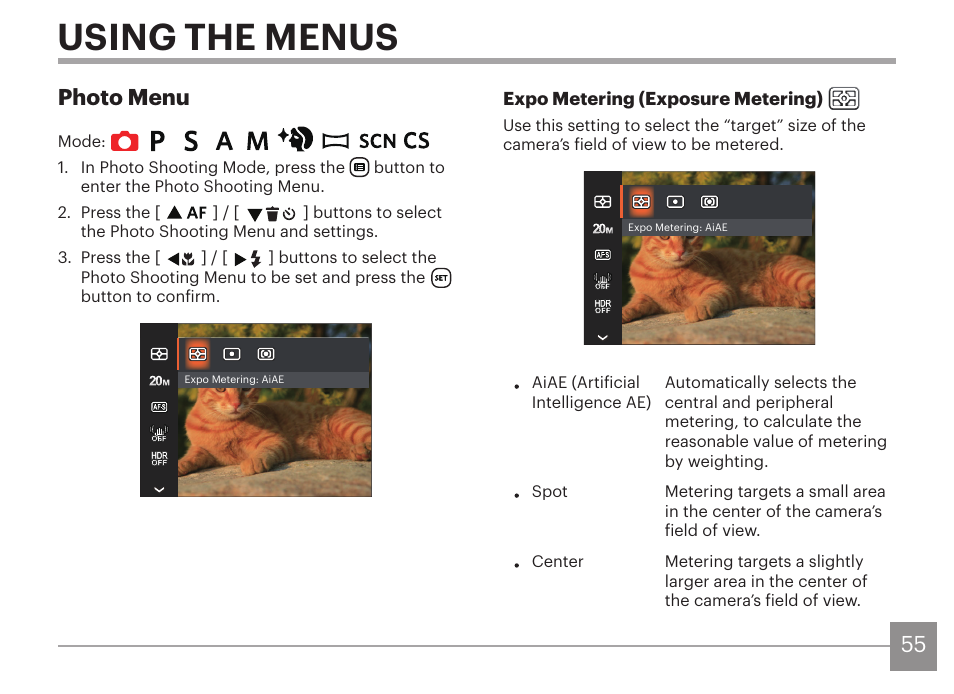 Using the menus, Photo menu | Kodak PIXPRO AZ425 Digital Camera (Black) User Manual | Page 56 / 94