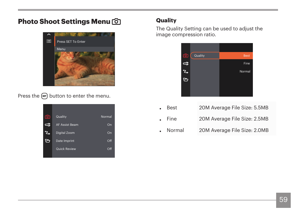 59 photo shoot settings menu, Quality | Kodak PIXPRO AZ425 Digital Camera (Black) User Manual | Page 60 / 94