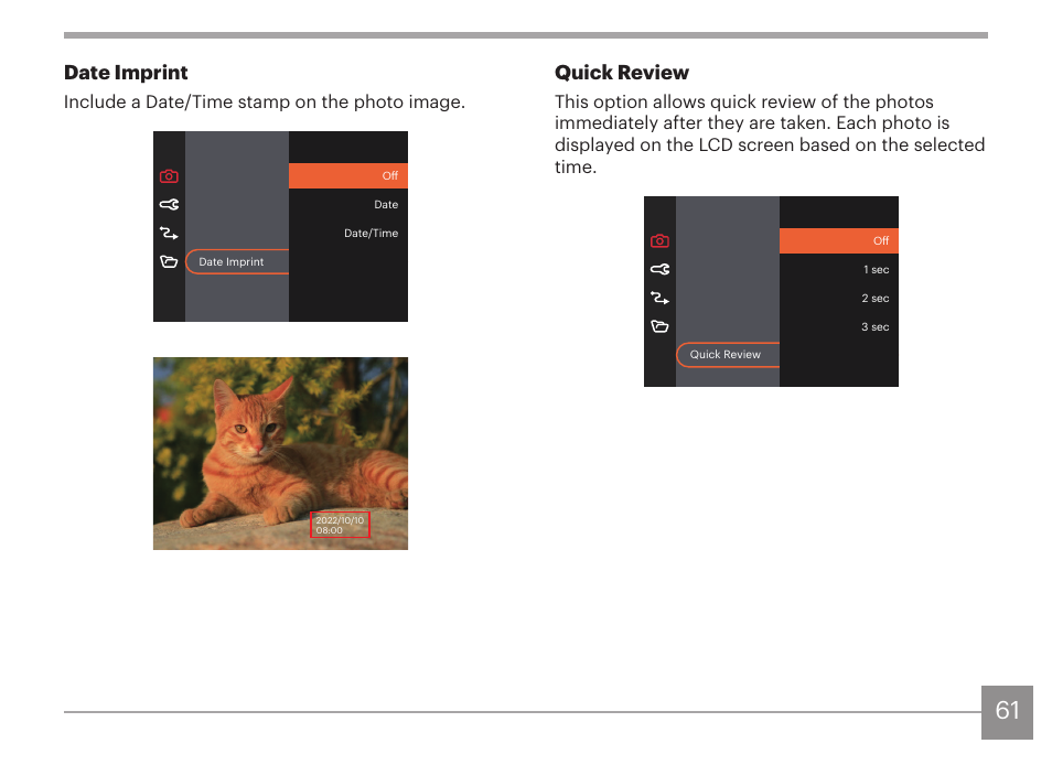 Quick review, Date imprint | Kodak PIXPRO AZ425 Digital Camera (Black) User Manual | Page 62 / 94