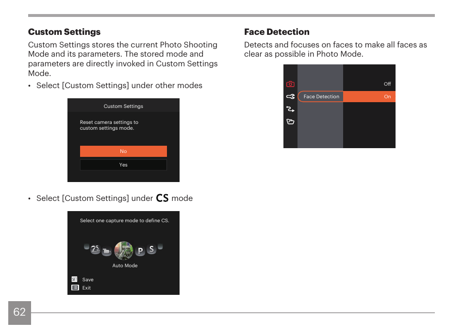 Custom settings, Face detection | Kodak PIXPRO AZ425 Digital Camera (Black) User Manual | Page 63 / 94