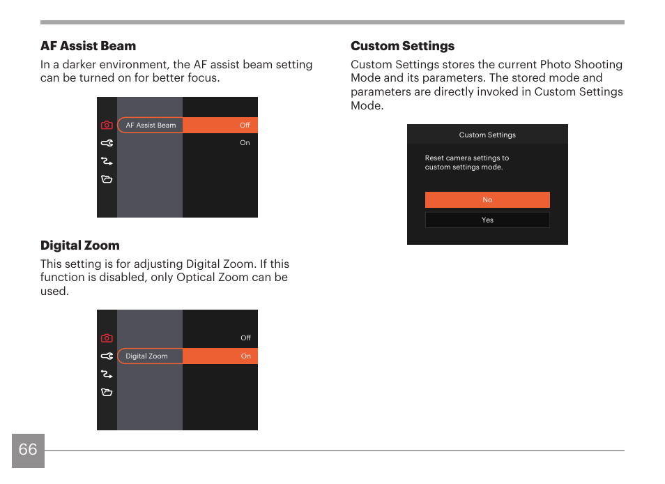 Af assist beam, Digital zoom, Custom settings | Kodak PIXPRO AZ425 Digital Camera (Black) User Manual | Page 67 / 94