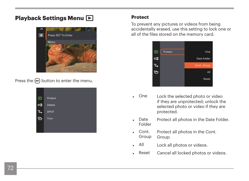 72 playback settings menu, Protect | Kodak PIXPRO AZ425 Digital Camera (Black) User Manual | Page 73 / 94