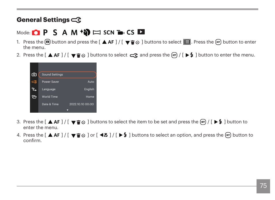 75 general settings | Kodak PIXPRO AZ425 Digital Camera (Black) User Manual | Page 76 / 94