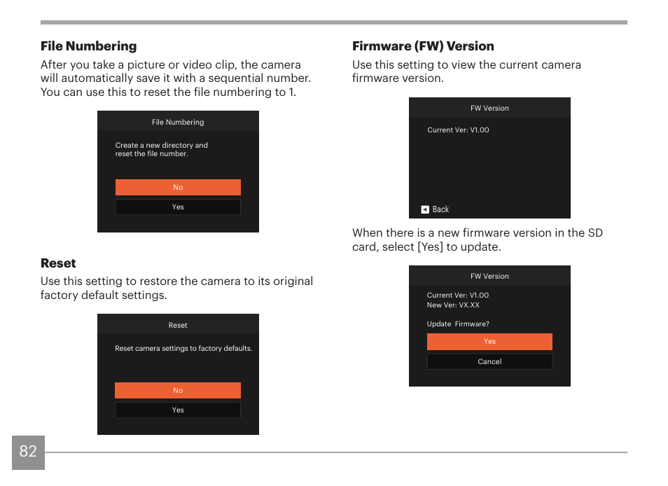 Firmware (fw) version, File numbering, Reset | Kodak PIXPRO AZ425 Digital Camera (Black) User Manual | Page 83 / 94