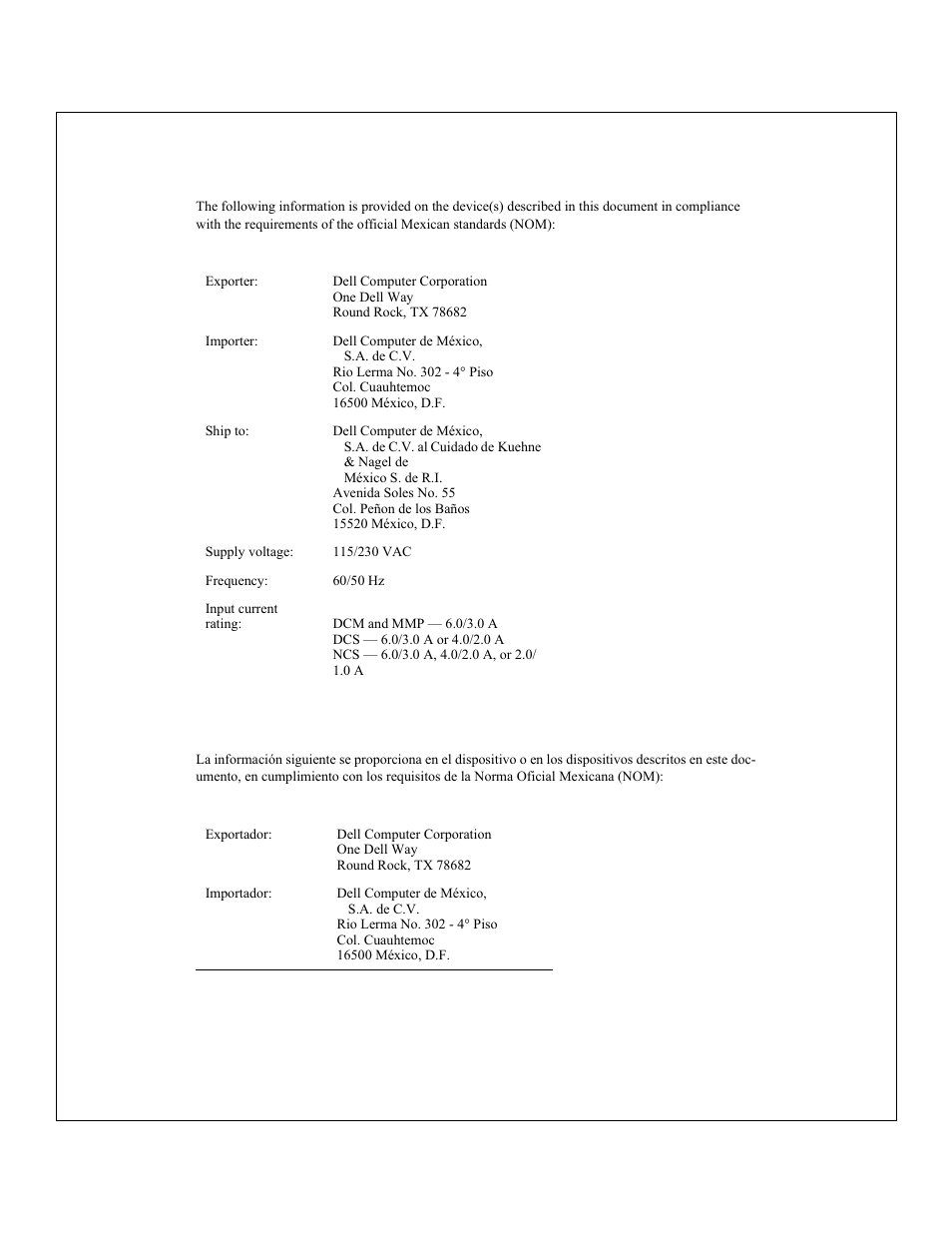 Nom information (mexico only), Información para nom (únicamente para méxico), Información para nom (únicamente para méxico) | Dell 2200F User Manual | Page 27 / 37