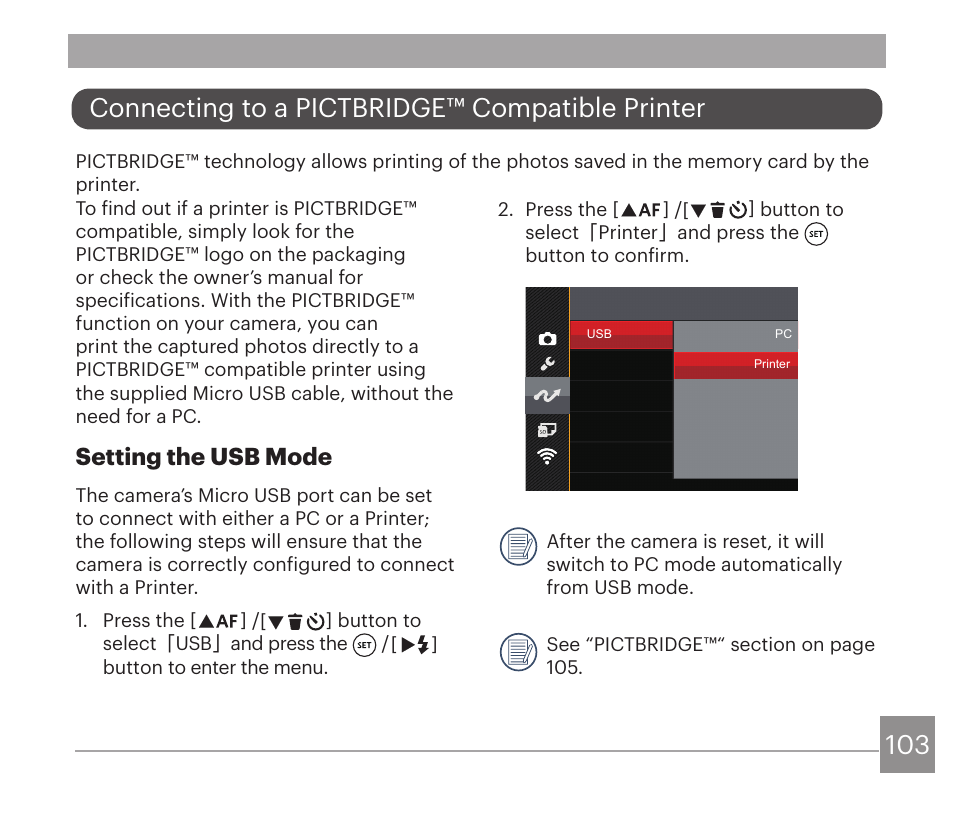 Connecting to a pictbridge™ compatible printer, Setting the usb mode | Kodak PIXPRO AZ528 Digital Camera (Black) User Manual | Page 104 / 123