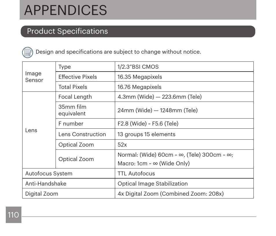 Appendices, Product specifications | Kodak PIXPRO AZ528 Digital Camera (Black) User Manual | Page 111 / 123