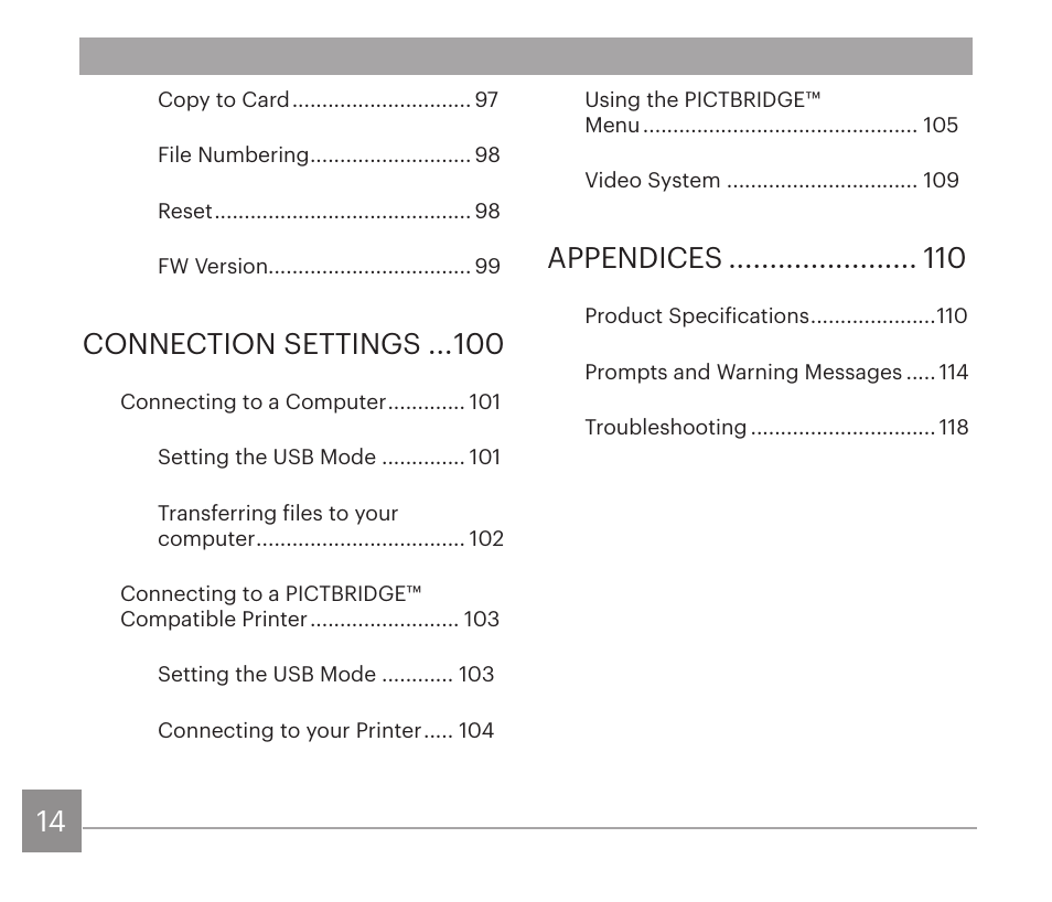 Connection settings, Appendices | Kodak PIXPRO AZ528 Digital Camera (Black) User Manual | Page 15 / 123