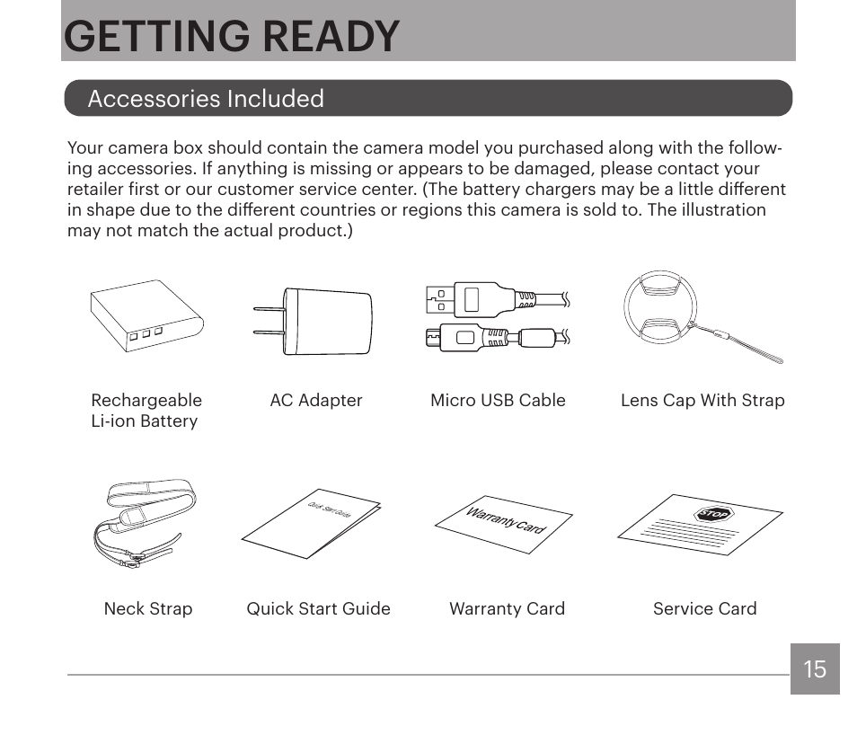 Getting ready, Accessories included | Kodak PIXPRO AZ528 Digital Camera (Black) User Manual | Page 16 / 123