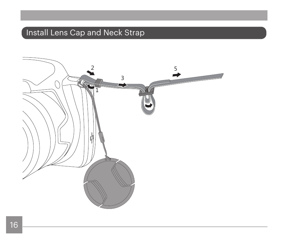 16 17 install lens cap and neck strap | Kodak PIXPRO AZ528 Digital Camera (Black) User Manual | Page 17 / 123