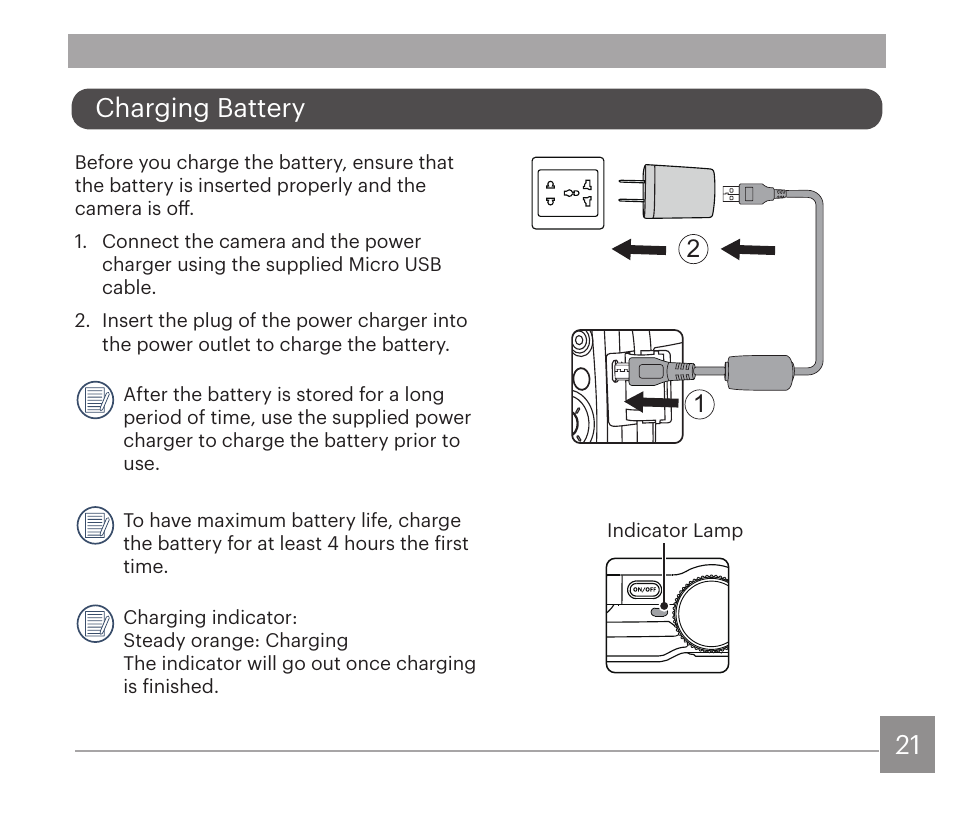 Charging battery | Kodak PIXPRO AZ528 Digital Camera (Black) User Manual | Page 22 / 123