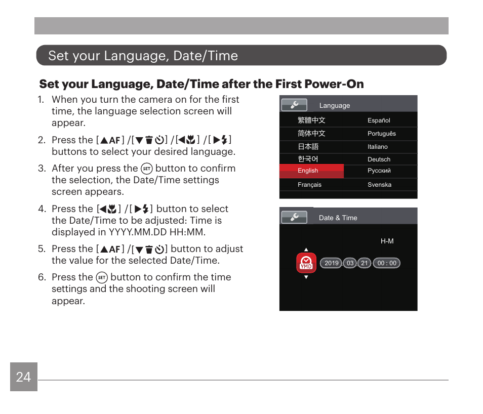 Set your language, date/time | Kodak PIXPRO AZ528 Digital Camera (Black) User Manual | Page 25 / 123