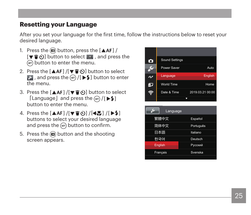 Resetting your language | Kodak PIXPRO AZ528 Digital Camera (Black) User Manual | Page 26 / 123