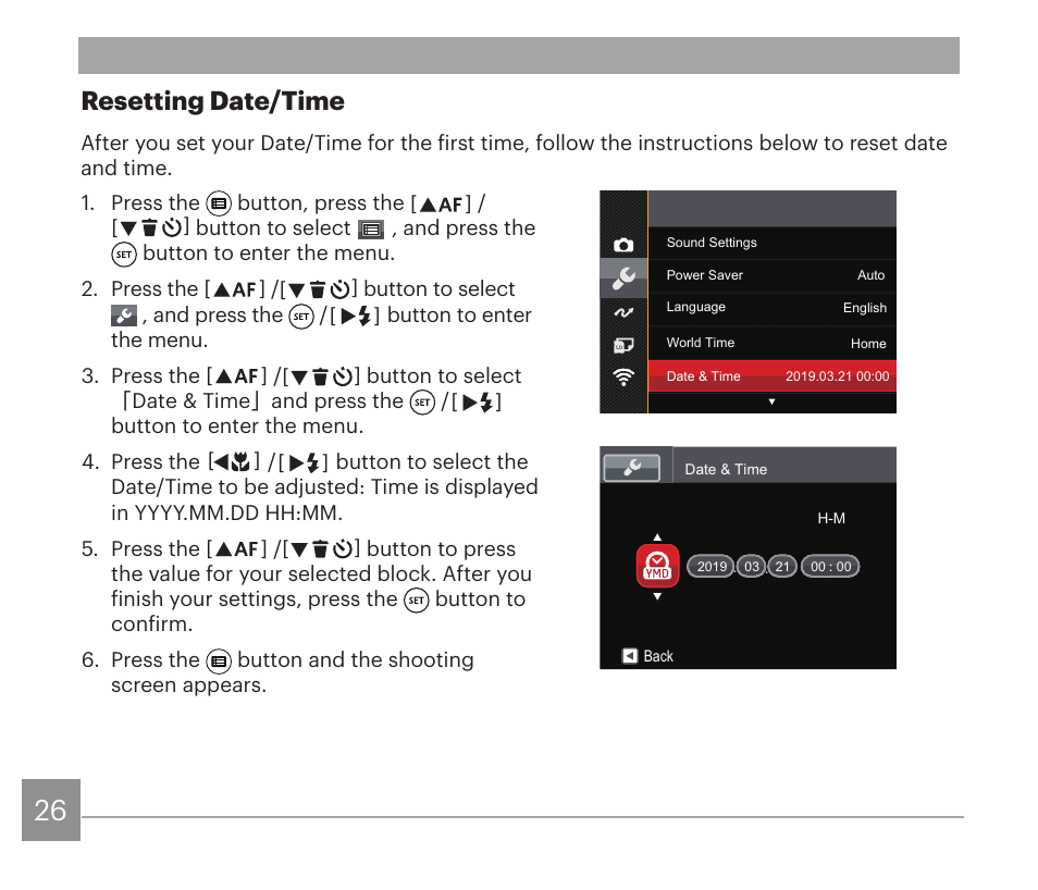 Resetting date/time | Kodak PIXPRO AZ528 Digital Camera (Black) User Manual | Page 27 / 123