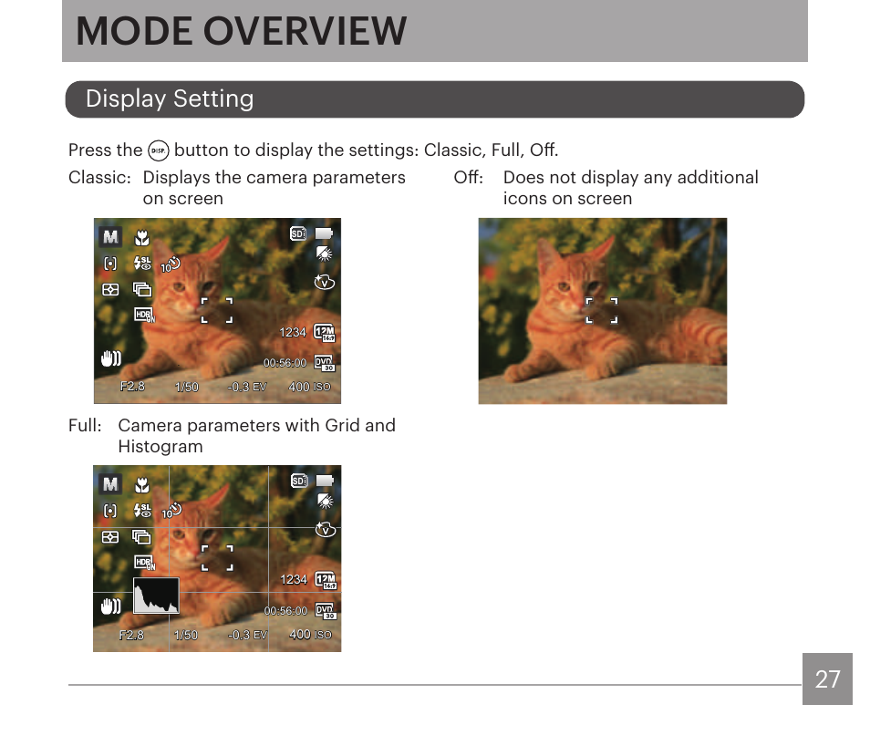 Mode overview, Display setting | Kodak PIXPRO AZ528 Digital Camera (Black) User Manual | Page 28 / 123