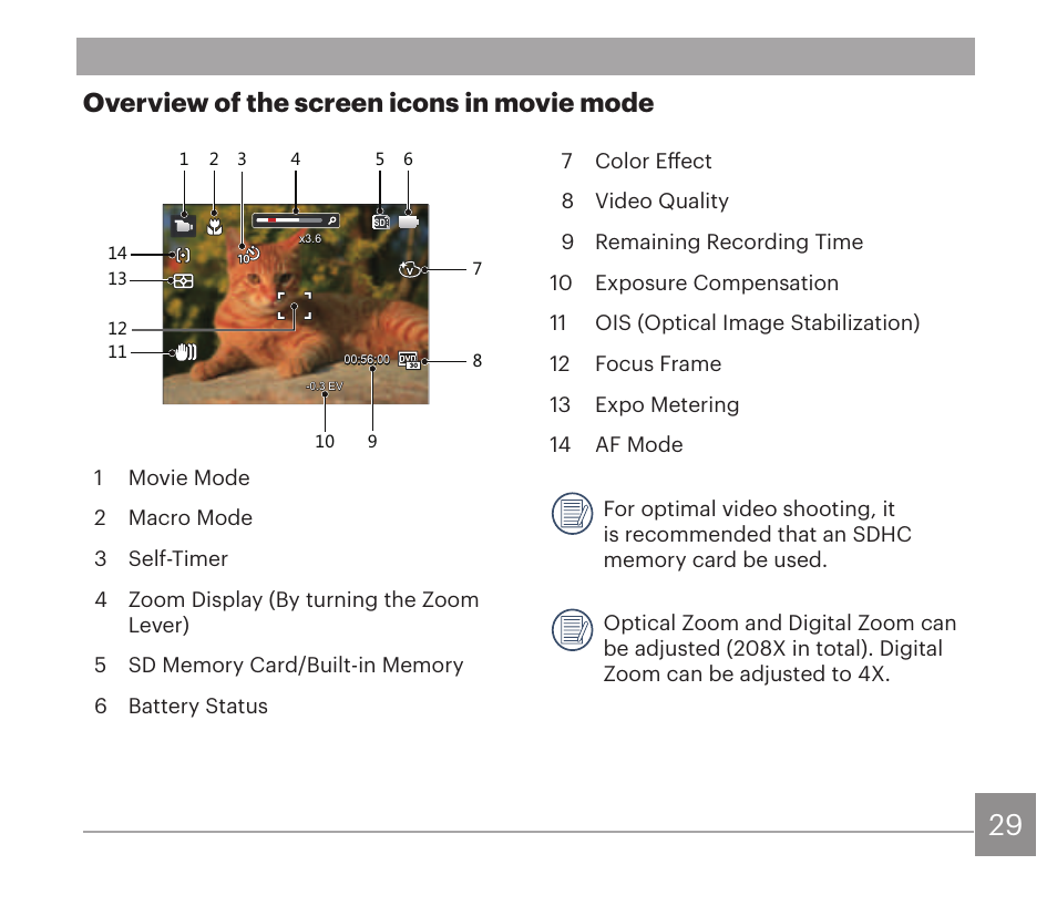 Overview of the screen icons in movie mode | Kodak PIXPRO AZ528 Digital Camera (Black) User Manual | Page 30 / 123