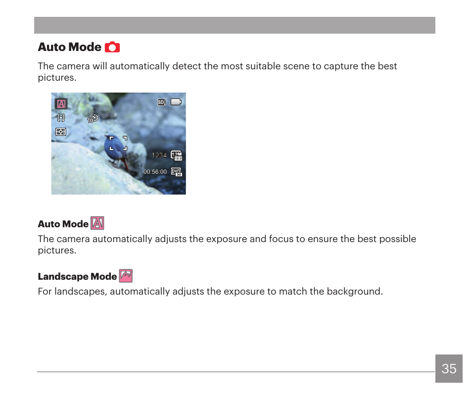 Auto mode | Kodak PIXPRO AZ528 Digital Camera (Black) User Manual | Page 36 / 123