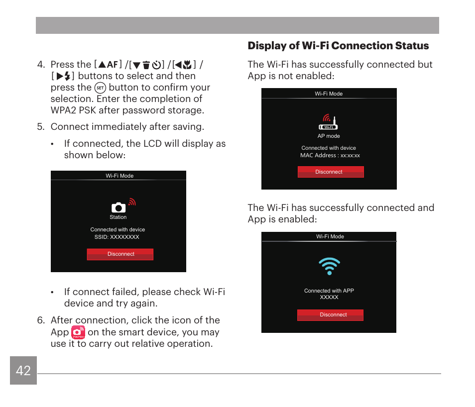 Display of wi-fi connection status | Kodak PIXPRO AZ528 Digital Camera (Black) User Manual | Page 43 / 123