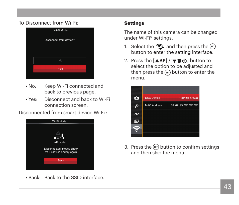 Back: back to the ssid interface | Kodak PIXPRO AZ528 Digital Camera (Black) User Manual | Page 44 / 123