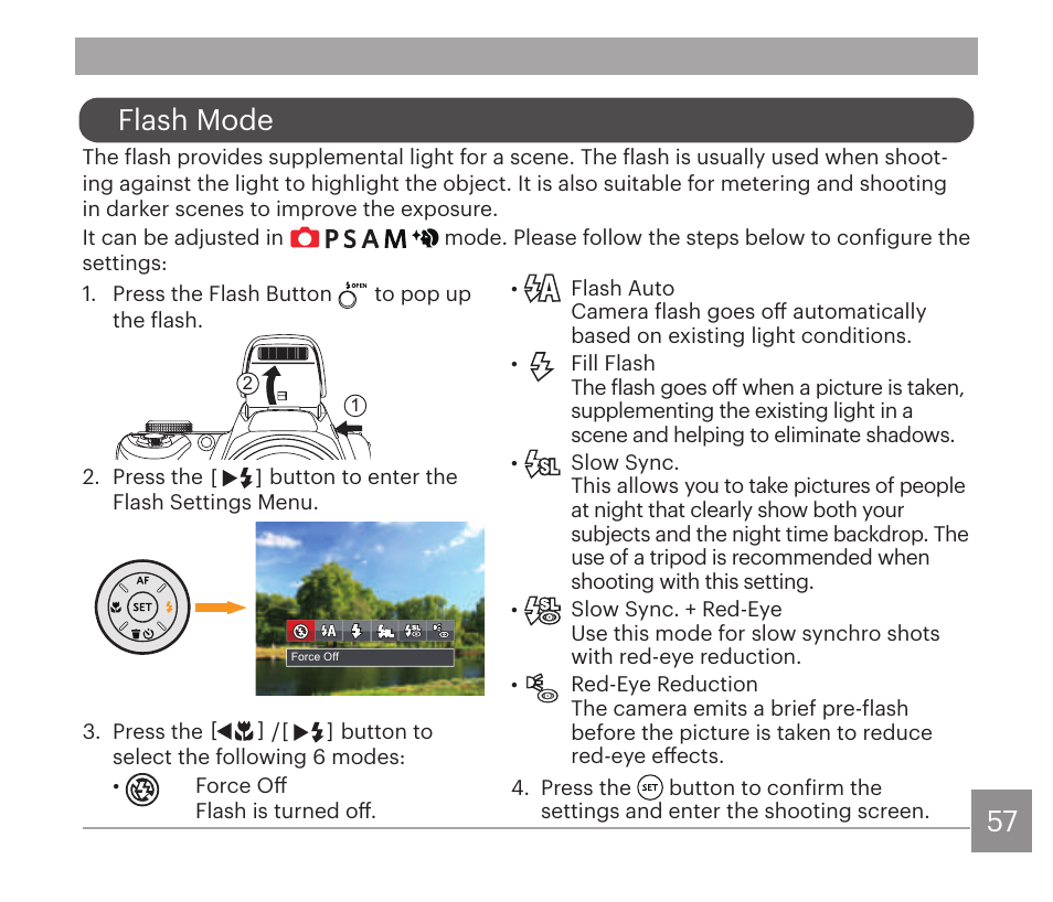 Flash mode | Kodak PIXPRO AZ528 Digital Camera (Black) User Manual | Page 58 / 123