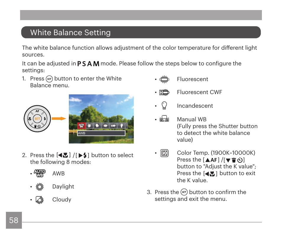 White balance setting | Kodak PIXPRO AZ528 Digital Camera (Black) User Manual | Page 59 / 123